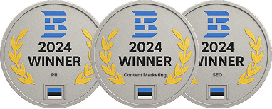 Collaborator Winner 2024 Auszeichnungsabzeichen mit goldenen Lorbeerkränzen für Content Marketing und SEO.