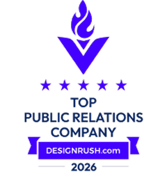 DesignRush Top Public Relations Company 2026 Badge für herausragende Leistungen im Bereich Public Relations und Unternehmenskommunikation.