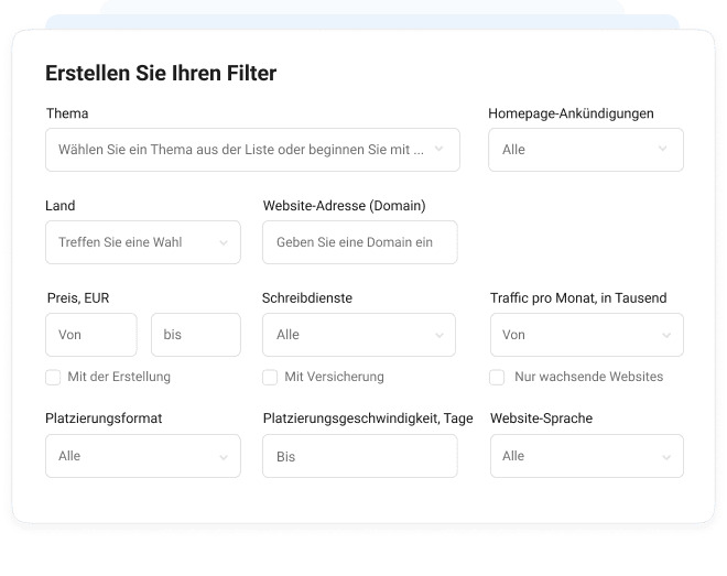 Erweiterte Suchfilter in Collaborator: Kategorie, Standort, Domain, Preis, Traffic, Geschwindigkeit, Sprache und mehr