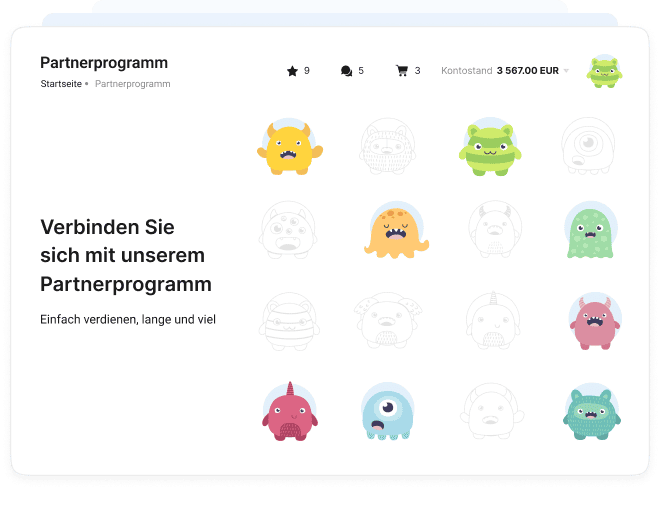 Collaborator-Partnerprogramm: lustige Monstermaskottchen, Einnahmen-Dashboard und Jetzt-beitreten-Nachricht