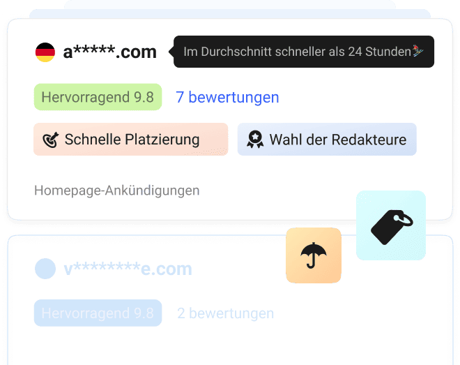 Collaborator-Website-Listings mit 9,8-Bewertungen, den Abzeichen Schnelle Platzierung und Wahl der Redakteure sowie einer Ankündigung auf der Homepage