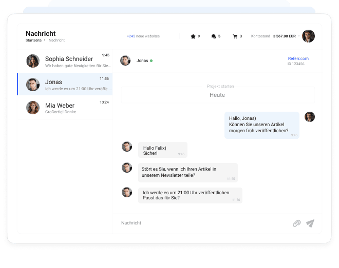 Messaging-Oberfläche von Collaborator mit aktiven Chats und einer Projektabstimmungskonversation