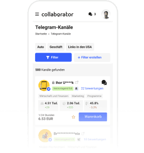 Mobile Ansicht des Telegram-Kanal-Marktplatzes von Collaborator mit Kategorien, Suchfiltern und vorgestellten Kanälen mit Follower-Statistiken und Preisen.