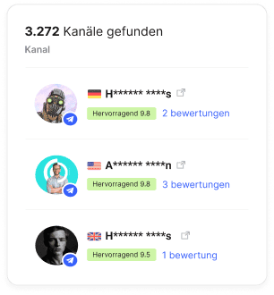 Telegram-Kanäle mit Benutzerbewertungen, Bewertungsanzahl und Leistungsindikatoren in Listenform im Katalog von Collaborator.
