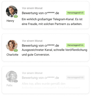 Bewertungsbereich von Collaborator mit Nutzerbewertungen und Profilbildern, einschließlich Ratings und Feedback zu Telegram-Kanal-Diensten.