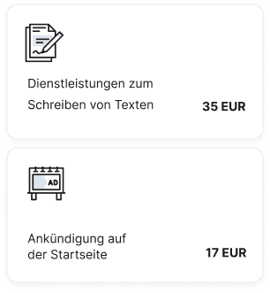 Preise für Schreibdienstleistungen und Startseitenankündigung auf dem Collaborator-Marktplatz.