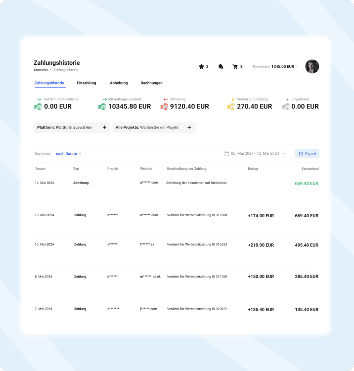Dashboard der Zahlungshistorie von Collaborator mit EUR-Transaktionen, Auszahlungs- und Einzahlungshistorie sowie Zahlungsstatus