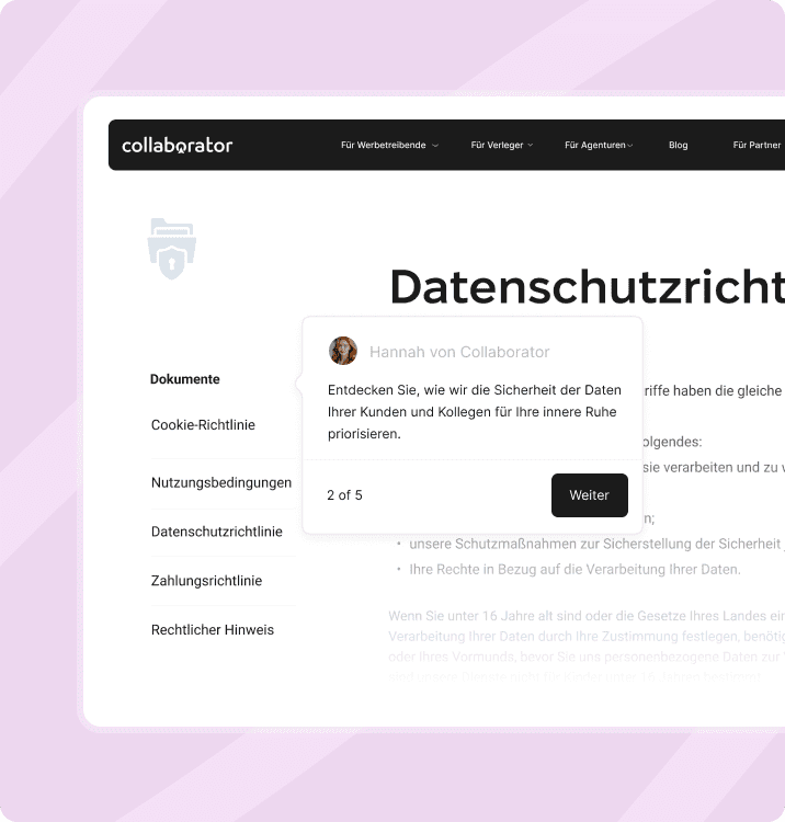 Datenschutzrichtlinien-Seite von Collaborator mit Dokumentabschnitten und Hinweis zur Datensicherheit