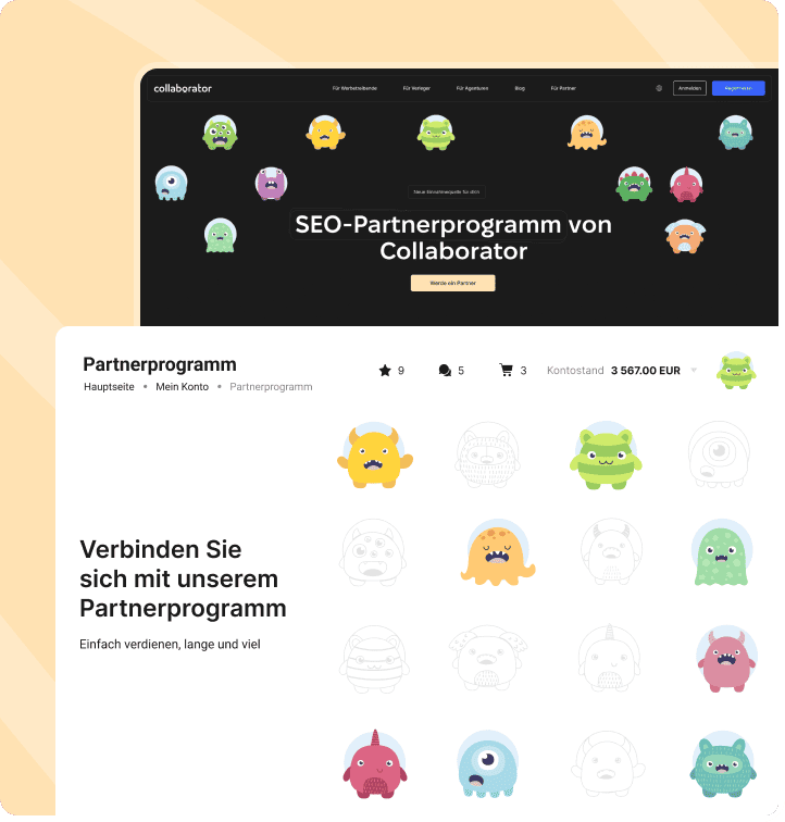 Bild mit Fokus auf das SEO-Partnerprogramm von Collaborator mit Partnereinladung und Kontostandsübersicht