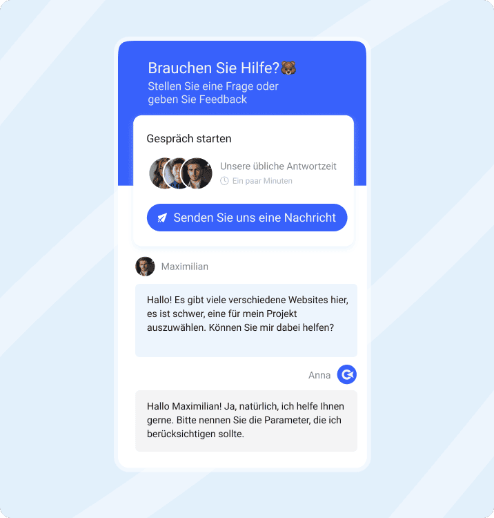 Support-Chat von Collaborator mit einer Konversation zur Auswahl von Websites