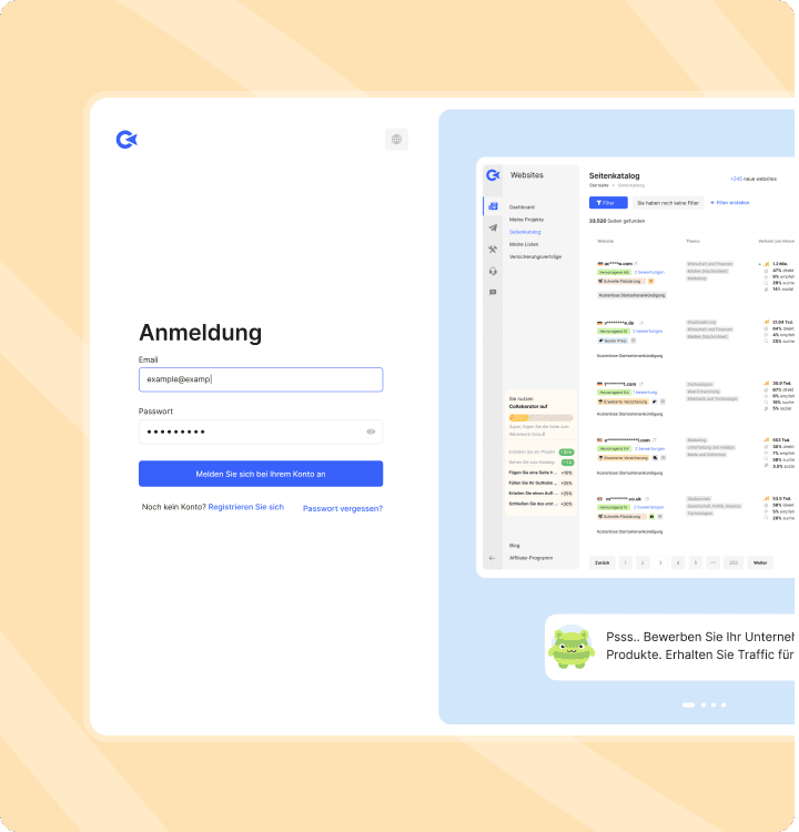 Anmeldebildschirm von Collaborator mit Formularfeldern, Dashboard-Vorschau und grünem Maskottchen zur Förderung der Sichtbarkeit