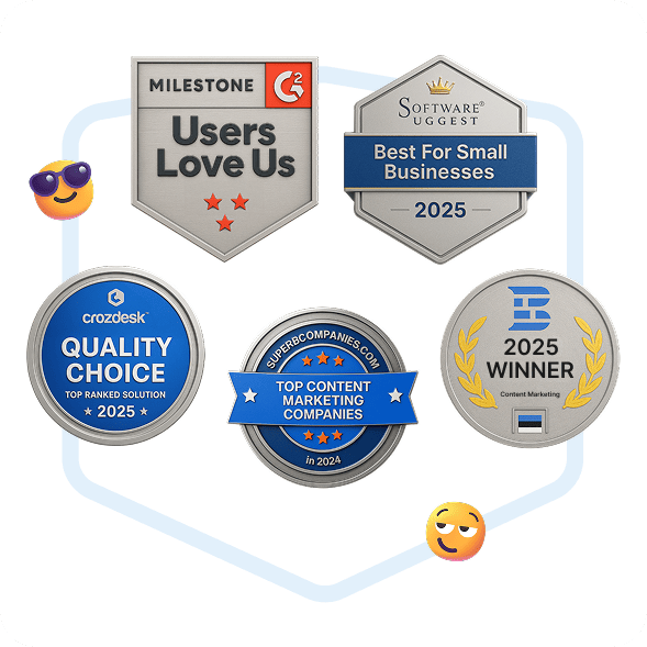 Fünf Auszeichnungs-Badges von Collaborator: G2 Users Love Us, SoftwareSuggest Best for Small Businesses 2025, Crozdesk Quality Choice 2025, Superbcompanies Top Content Marketing Companies 2024 und TechBehemoths 2025 Content Marketing Gewinner.