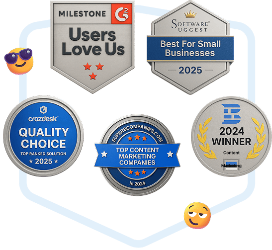Sammlung von Auszeichnungsabzeichen für Collaborator-Software, einschließlich G2 Milestone Users Love Us und 2024–2025 Auszeichnungen von Software Suggest, Crozdesk und Top Content Marketing Companies.