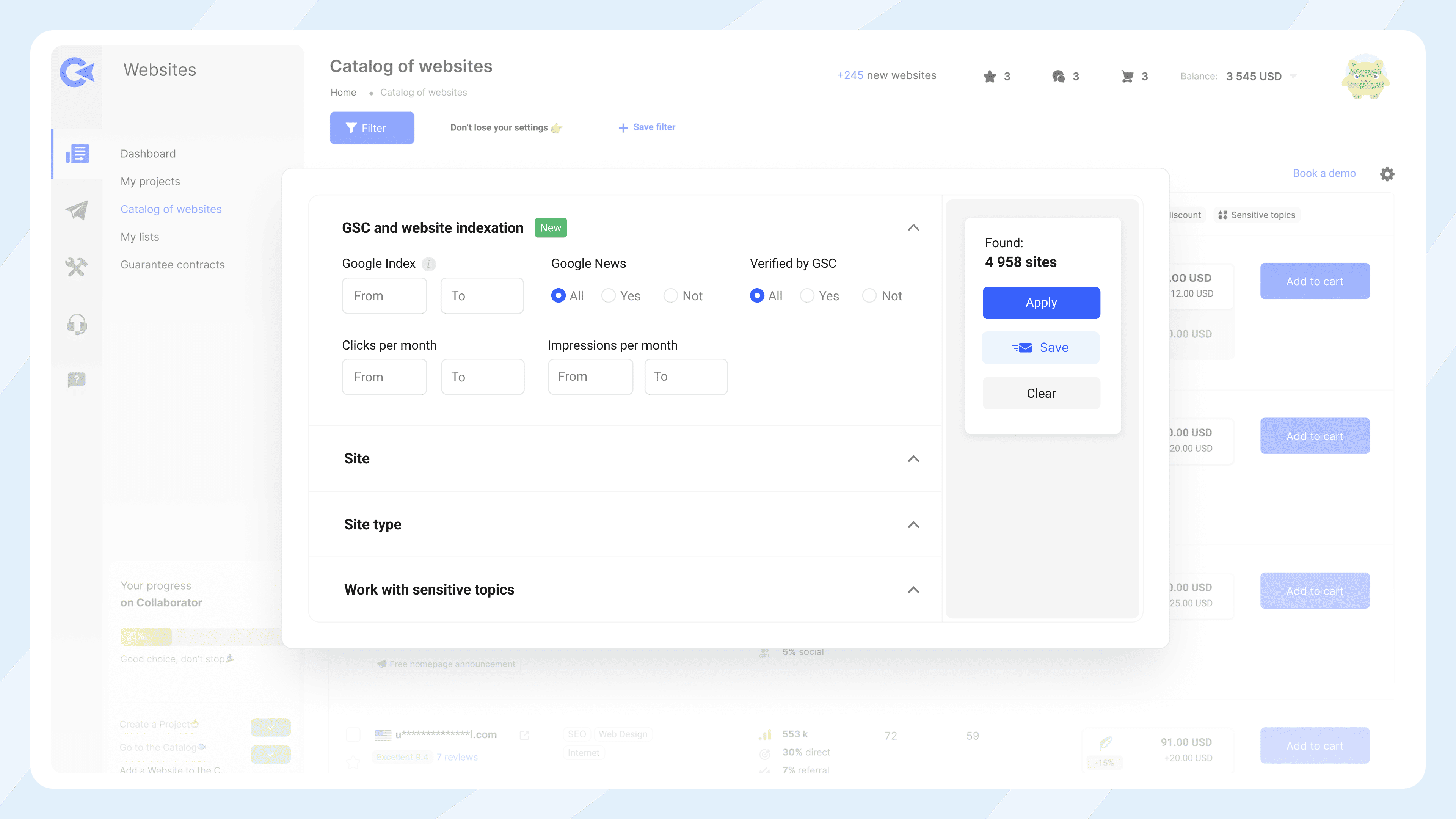 Collaborator Website-Katalog mit erweiterten Filteroptionen für GSC und Indexierung, einschließlich Google-Index-Status, Aufnahme in Google News, GSC-Verifizierung, Klick-/Impressionsdaten und sensiblen Themen.