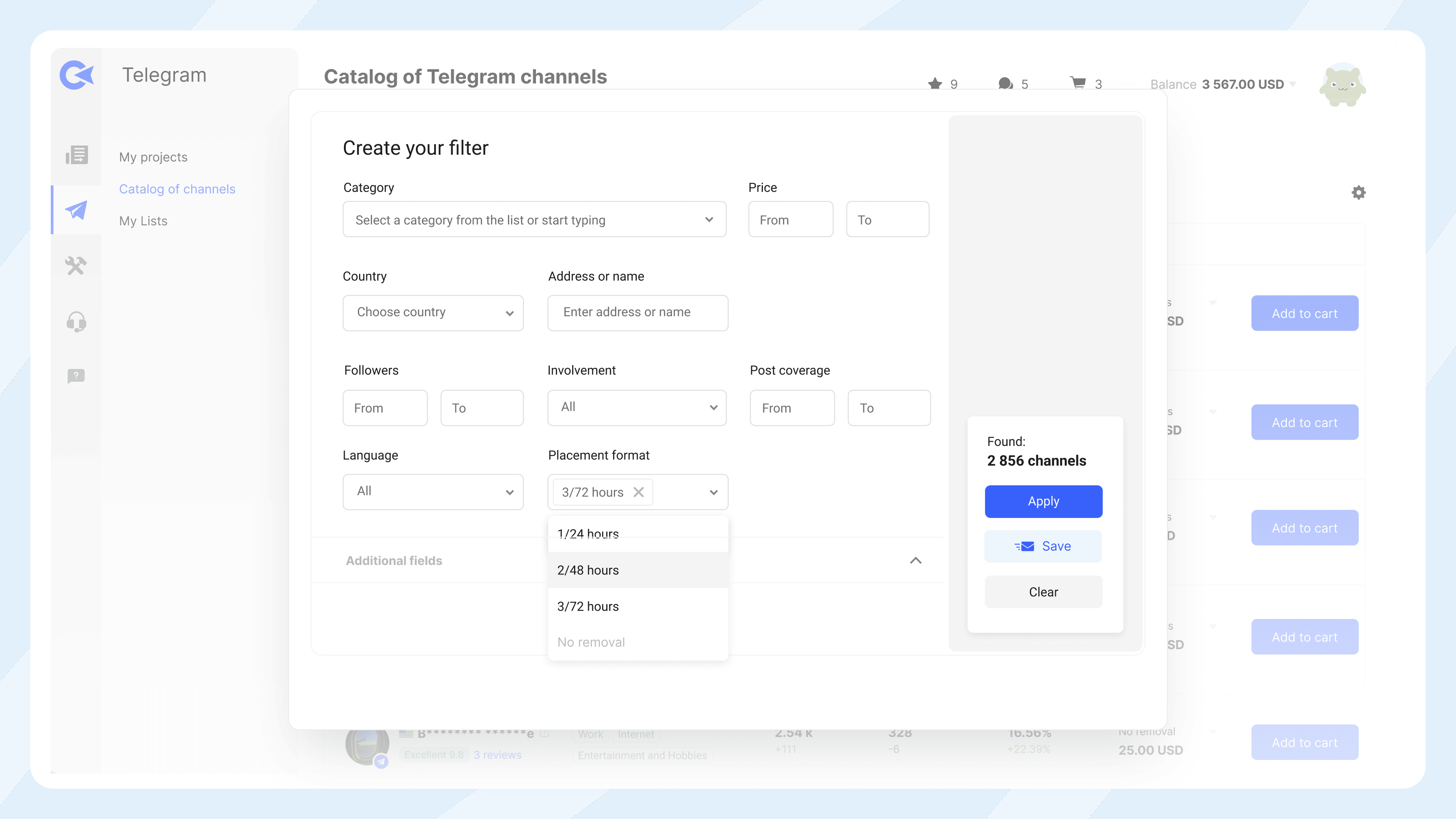 Screenshot der Collaborator Telegram-Kanalfilteroberfläche mit Feldern für Kategorie, Preis, Land, Follower und Platzierungsformat.