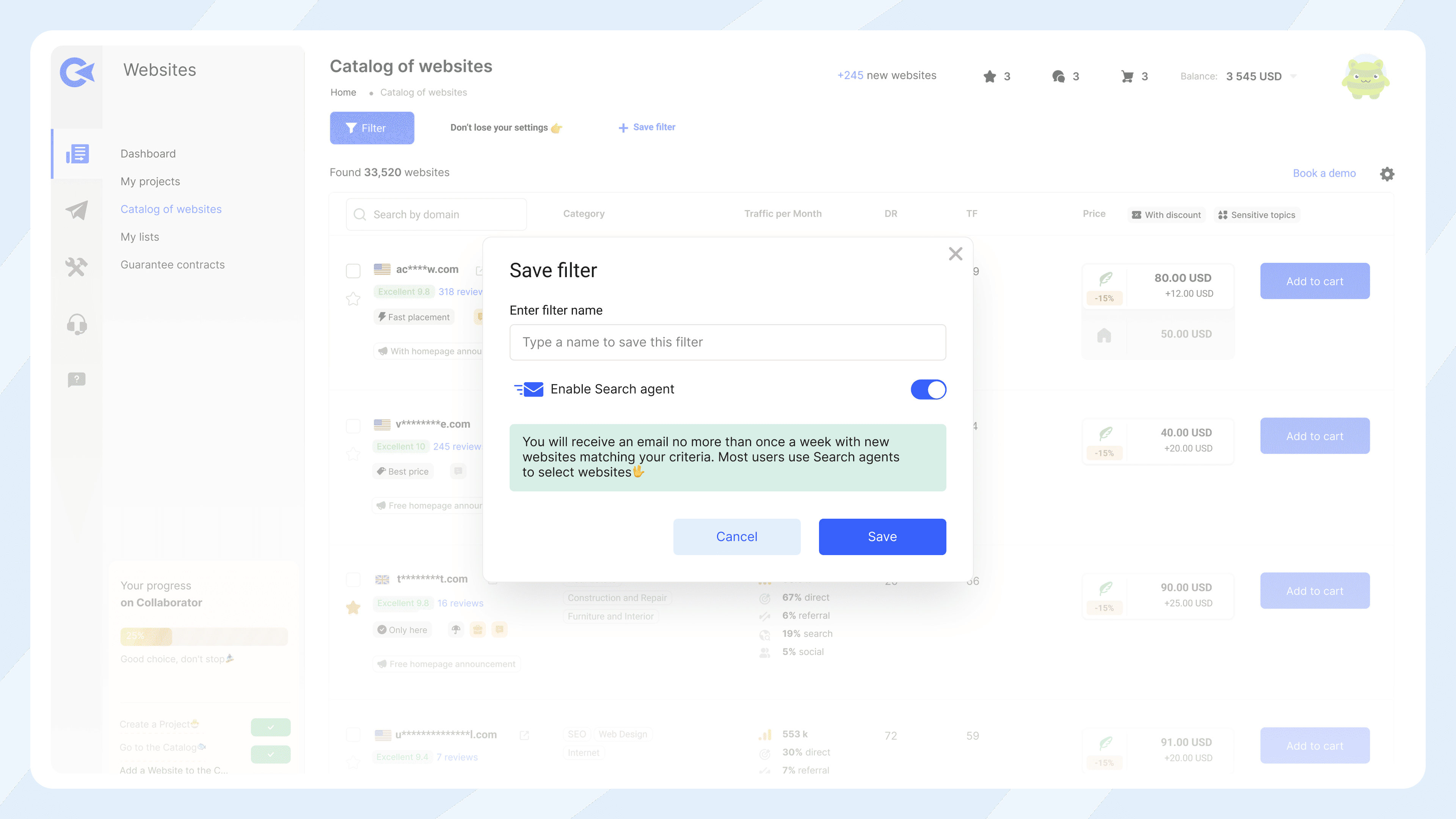 Collaborator Website-Katalog mit offenem „Filter speichern“-Modal, das es Benutzern ermöglicht, den Filter zu benennen und den Search Agent für wöchentliche E-Mail-Updates zu passenden Websites zu aktivieren.
