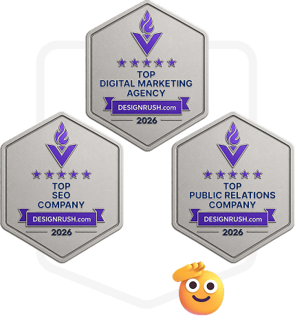 Drei DesignRush-Badges 2026 für herausragende Leistungen in den Bereichen digitales Marketing, SEO und Public Relations. Die Badges zeichnen Unternehmen mit den Auszeichnungen Top Digital Marketing Agency, Top SEO Company und Top Public Relations Company aus.